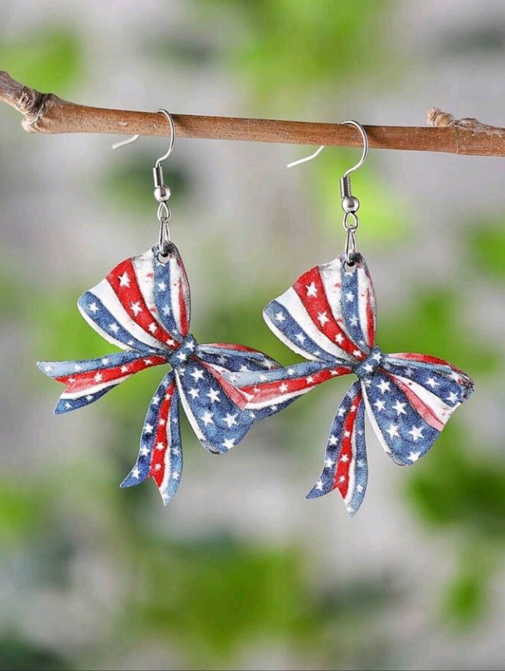 Patriotic USA Red White and Blue Star Bow Dangle Lightweight Wooden Earrings